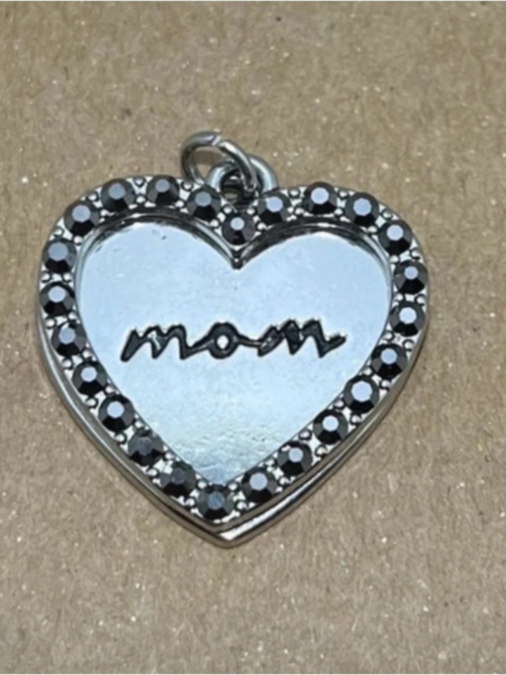 Silver Heart 'Mom' Pendant with Stone Border